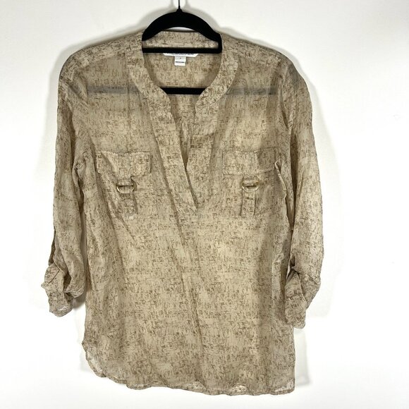 Diane von Furstenberg Beige Brown Sheer Shirt Blouse 100% Silk Sz 4 Designer - Picture 1 of 10